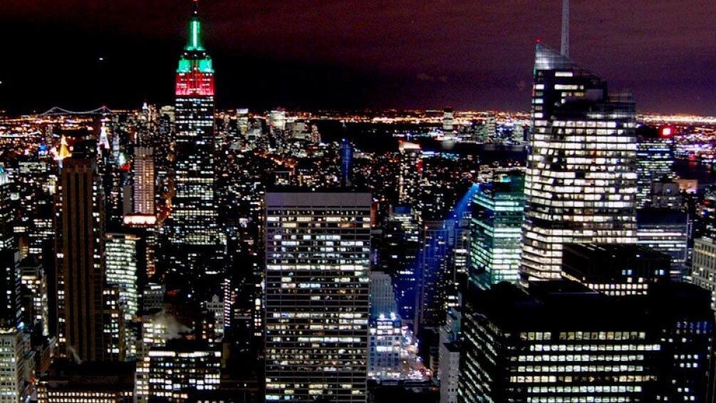 Skyscrapers lit up at night in New York