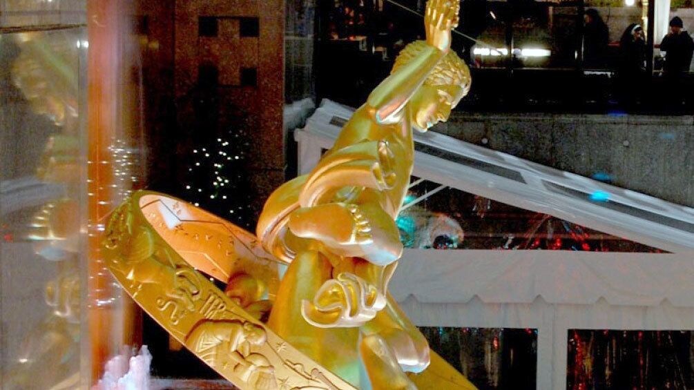 Rockefeller Center sculpture at night in New York