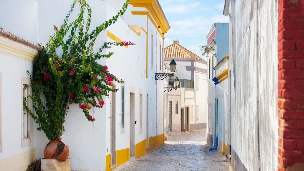 Narrow cobblestone street between white-walled buildings in Quarteira