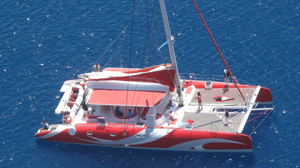 Aerial view of a boat on Santorini