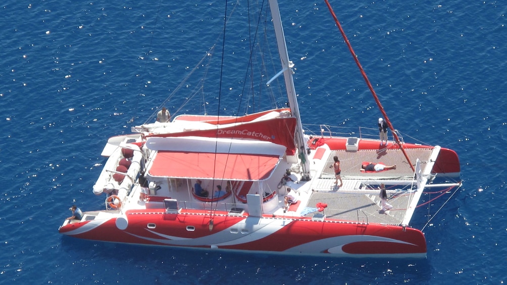 Aerial view of a boat on Santorini 