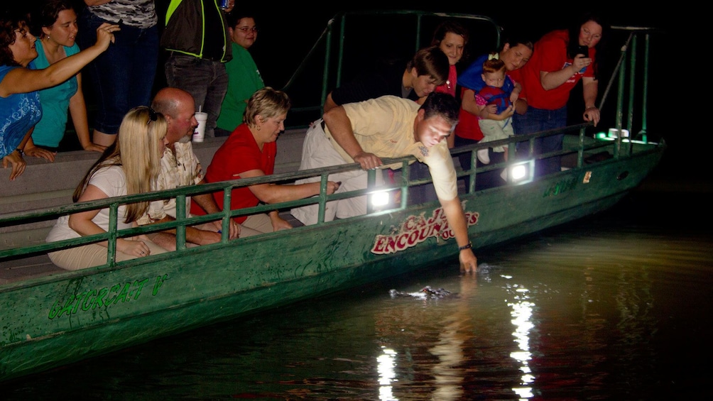 Show item 2 of 8. man reaching into water filled with alligators in New Orleans