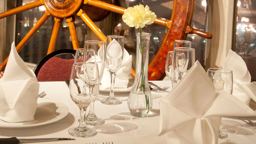 Close view of the table setting on the Steamboat Natchez Daytime Jazz Cruise in New Orleans