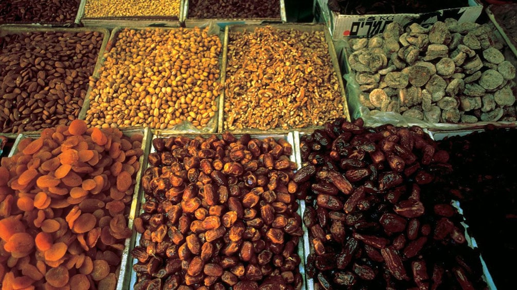 dates and dried fruit for sale at a market in Bethlehem