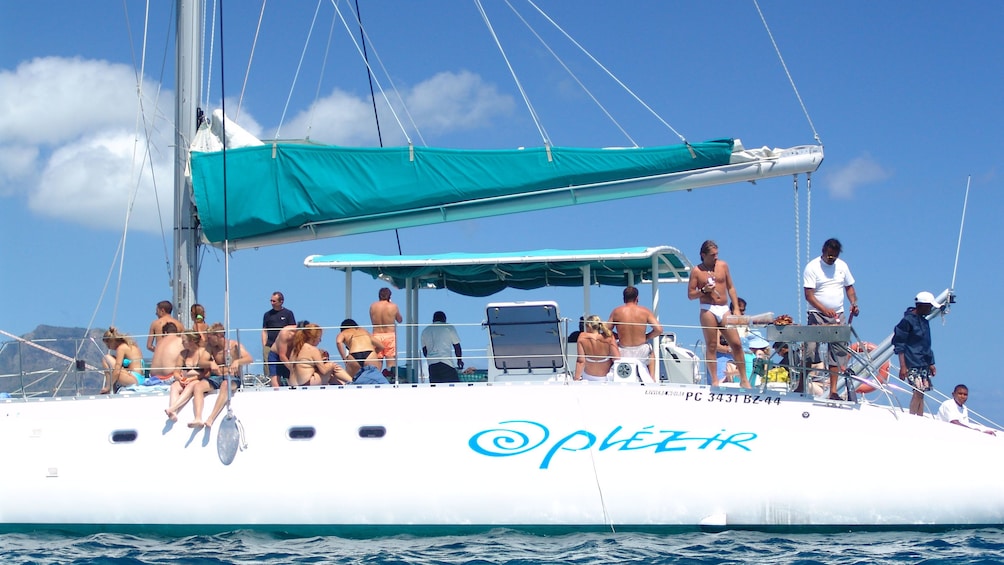 preparing lunch and drinks for the catamaran passengers in Mauritius