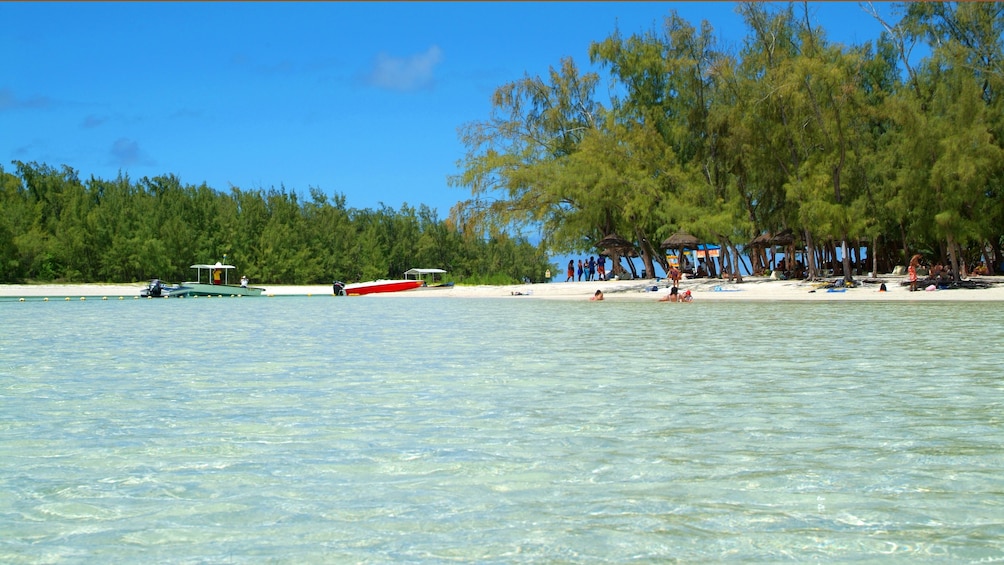 beachgoers enjoying the sun and shallow waters at Ile aux Cerfs