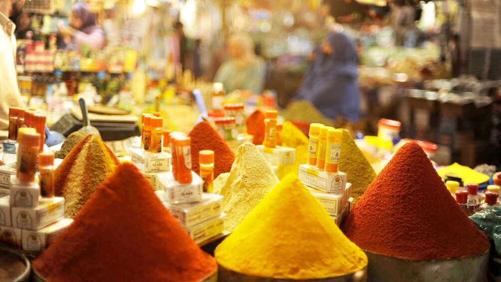 Colorful spices for sale at a market in Agadir