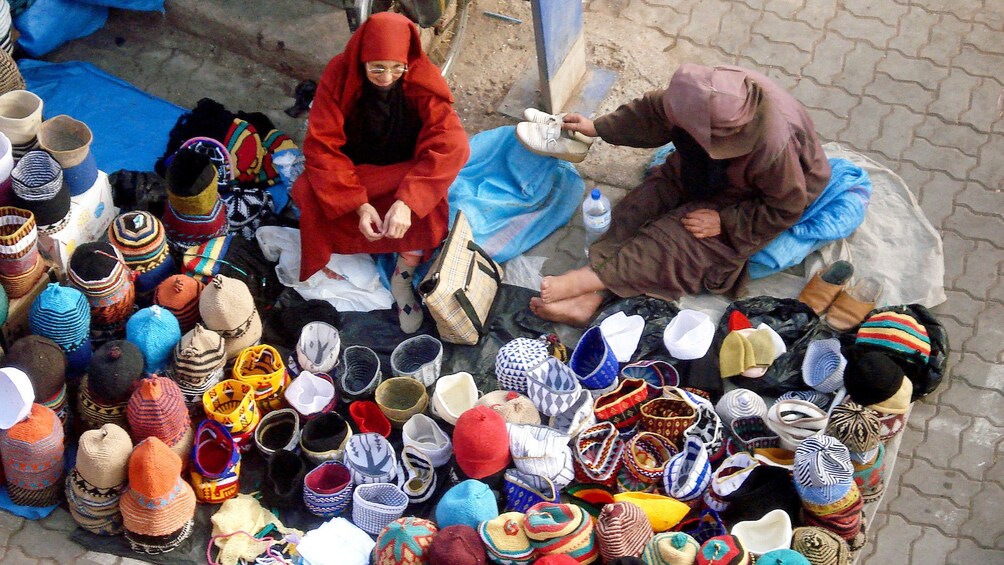 Hand-woven goods for sale at a market in Marrakech