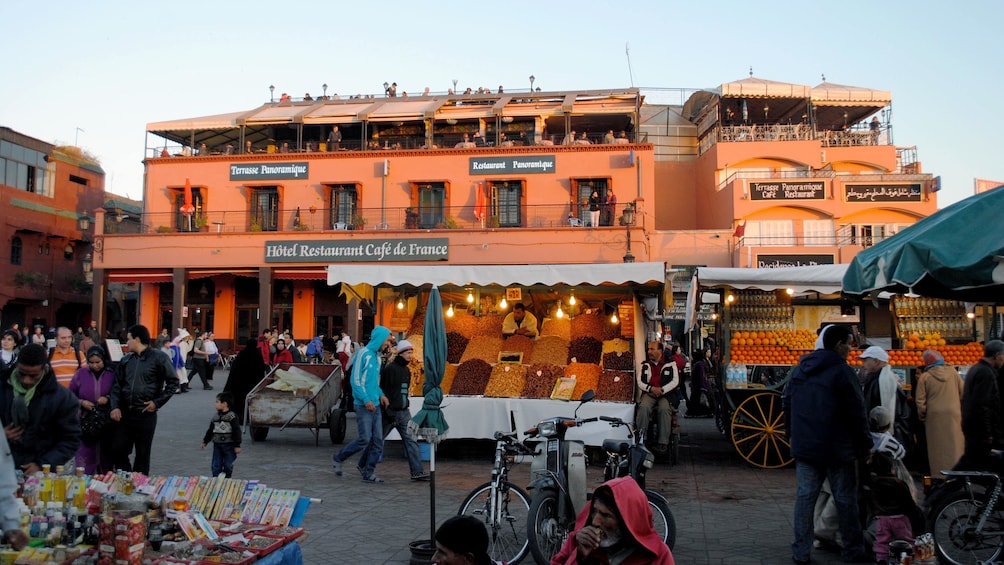 Market stalls and nearby restaurants in Marrakech