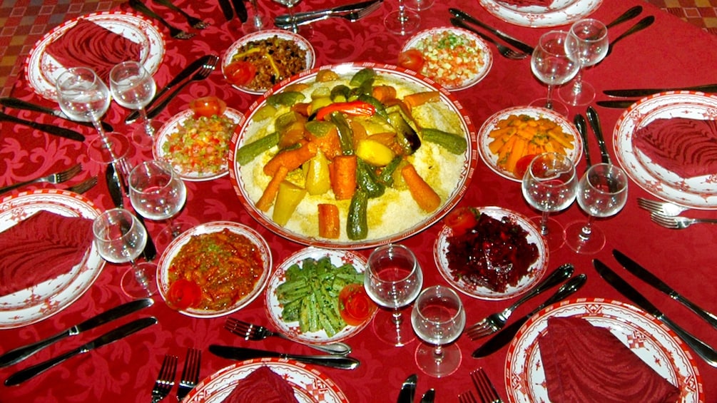 Table full of Moroccan specialties in Agadir