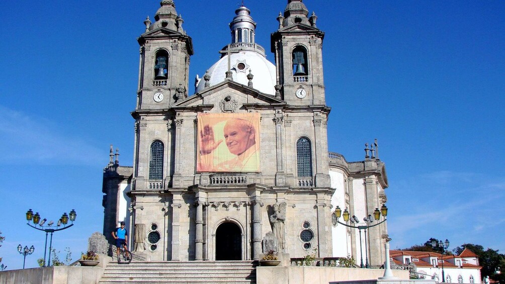 poster of the pope outside the Sanctuary of Our Lady of Sameiro in Portugal