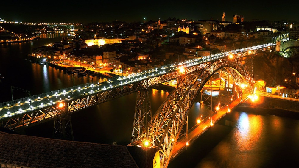 the Dom Luís I Bridge at night in Portugal