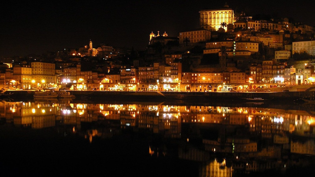 lit up street establishments near the bay in Portugal