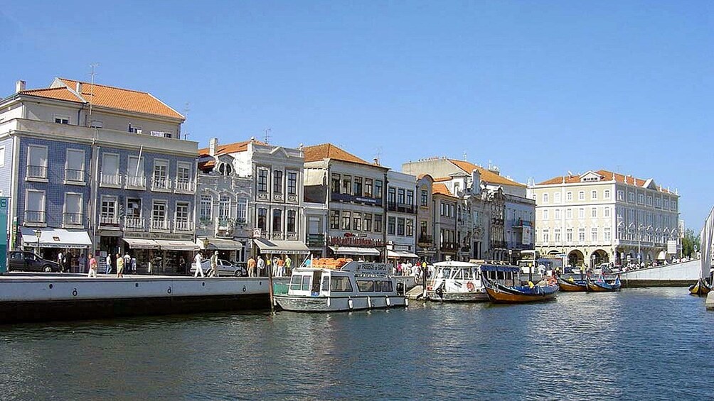 boats docked at the water channel in Aveiro in Portugal