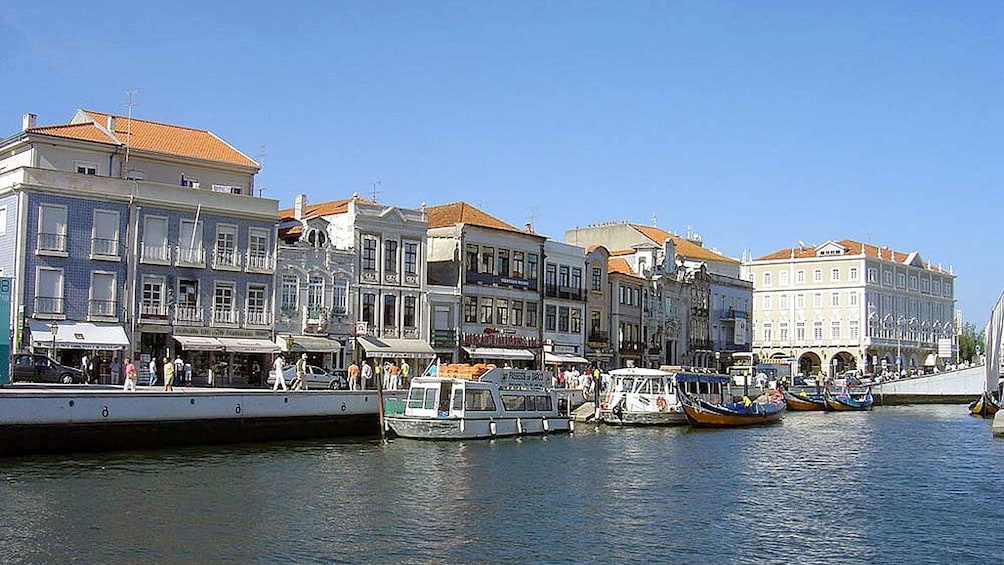 boats docked at the water channel in Aveiro in Portugal