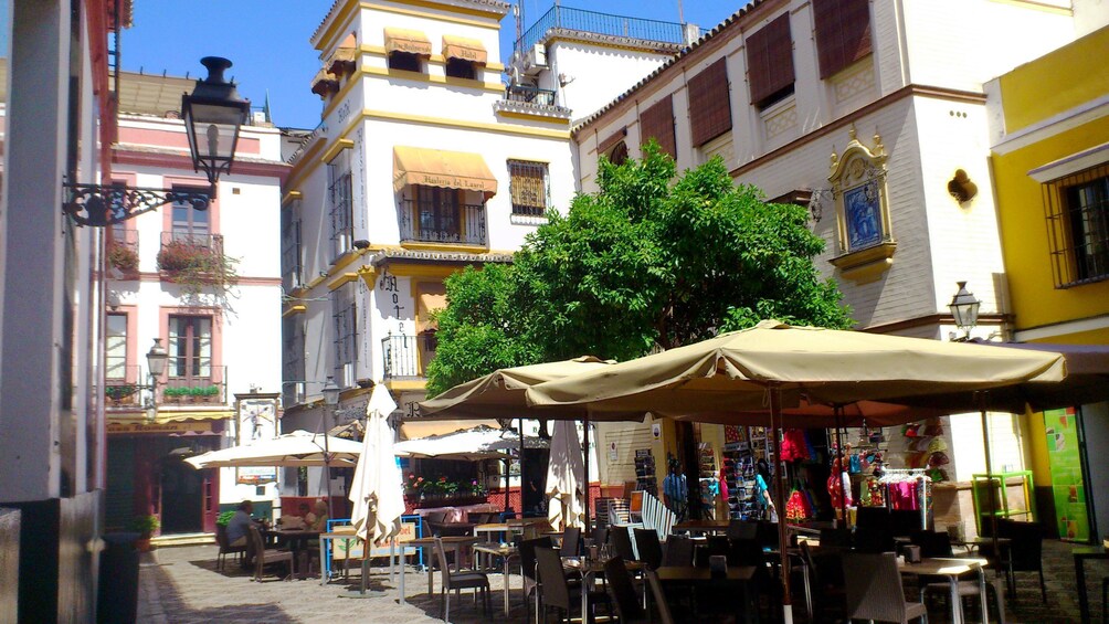 shaded outdoor seating on the streets of Seville