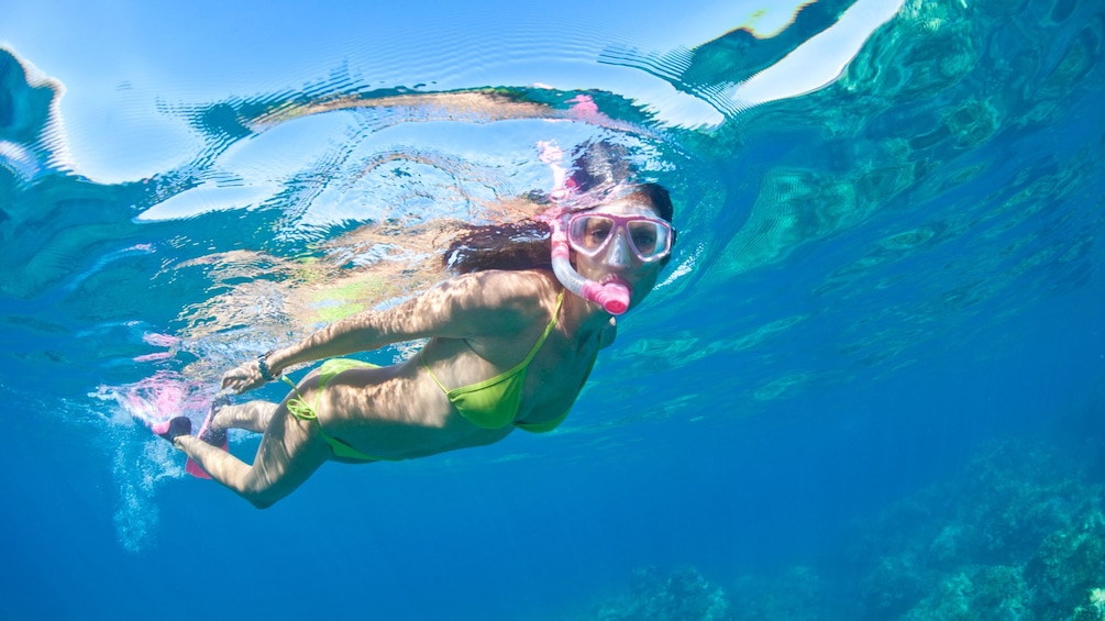 Snorkeler swimming above a coral reef in Cancun