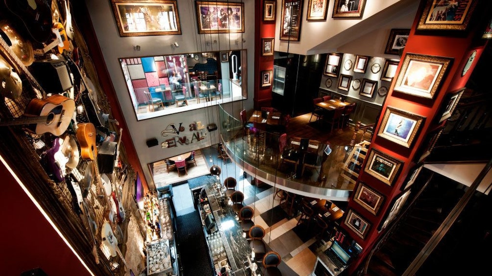 Overhead view of the interior of the Hard Rock Cafe in Brussels