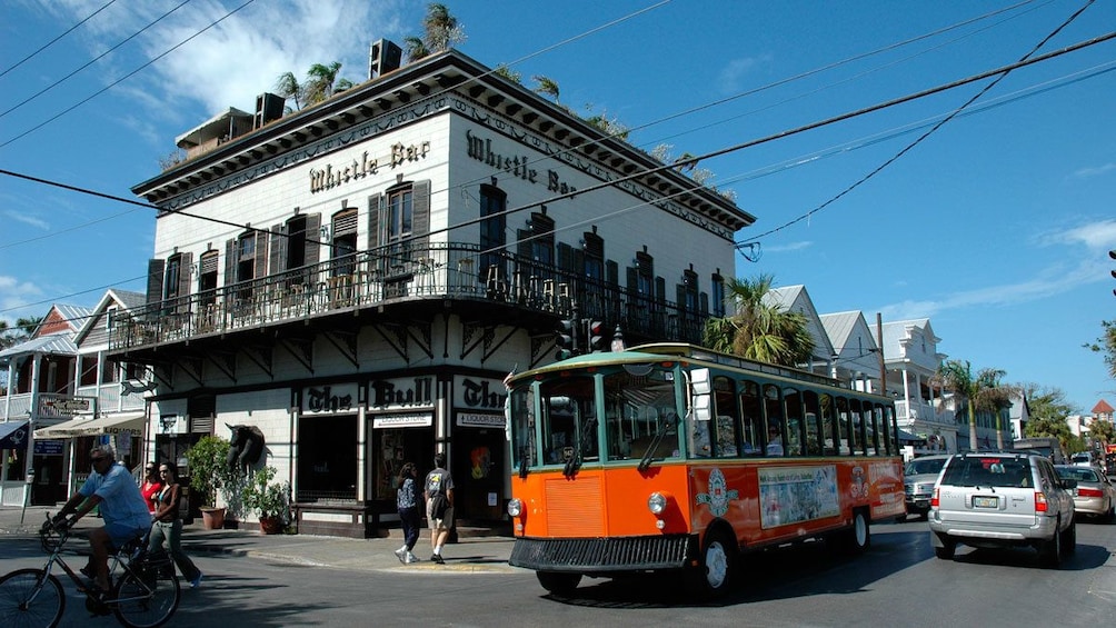 Trolley parked at a bar in Key West