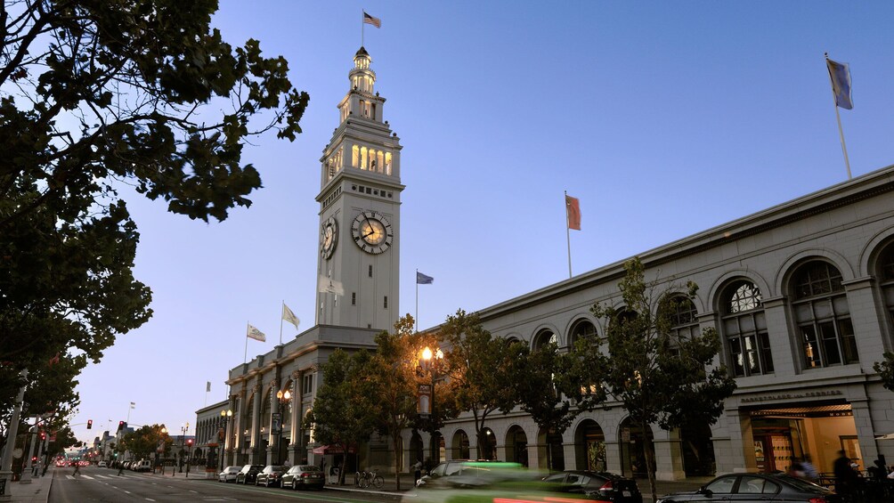 Clock tower at the San Francisco Ferry Building at dusk