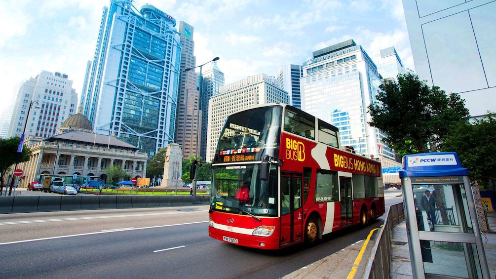 Aboard the double decker bus in Hong Kong