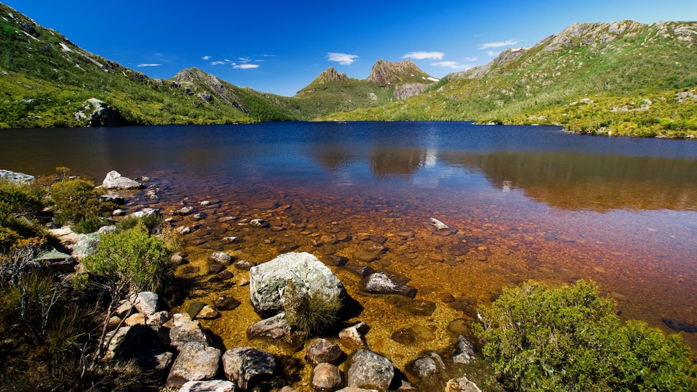 Dove Lake surrounded by green hills and Cradle Mountain in the background in Launceston