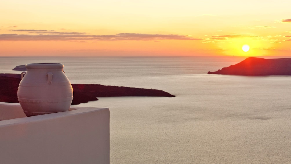 View of sunset from balcony in Greece