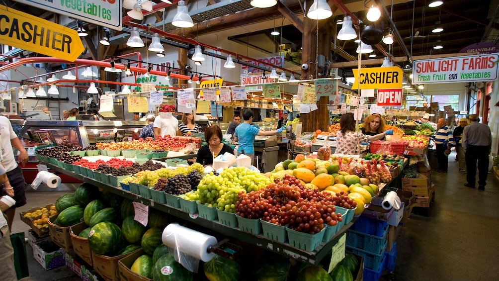 Shopping for ingredients at an indoor market in Vancouver