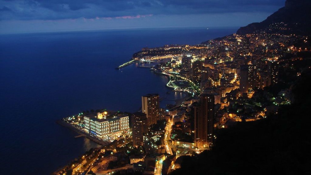 Aerial night view overlooking Monaco 