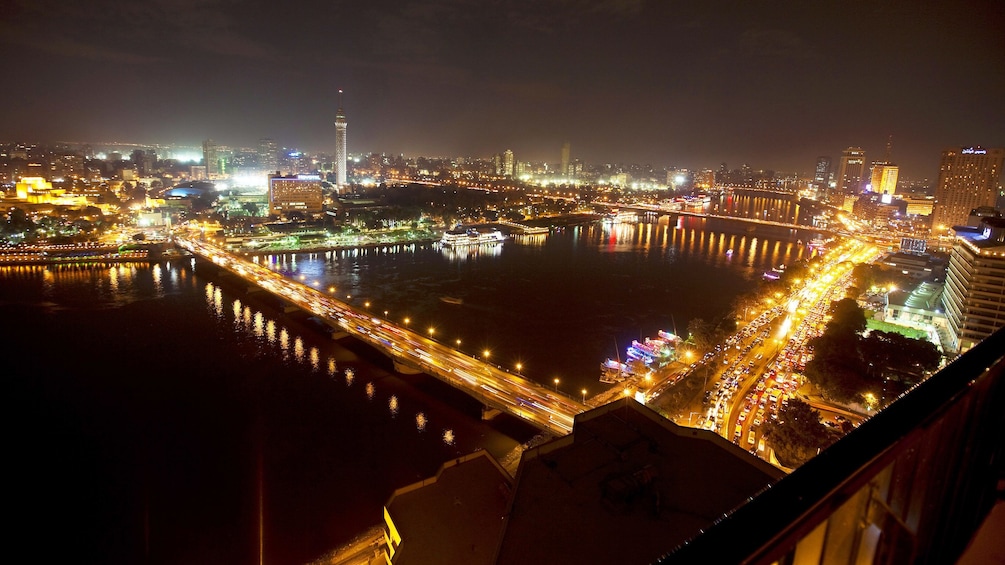 Aerial night view of Cairo overlooking the River Nile 