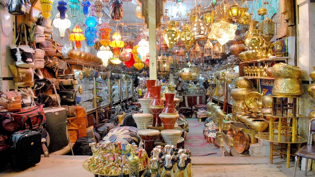 View of things on sale at the Khan el-Khalili bazaar in Cairo 