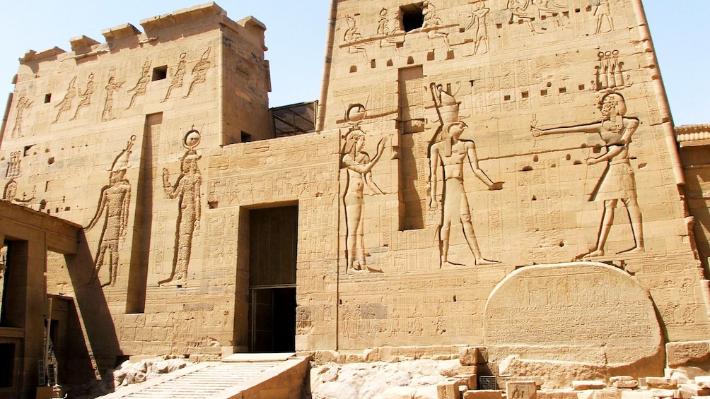 Large carvings on a wall of the Philae Temple in Aswan