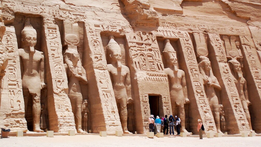 Tour group standing at the entrance of the Small Temple at Abu Simbel