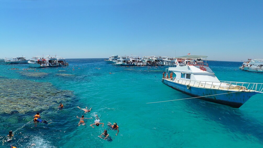 people swimming around anchored boat in egypt