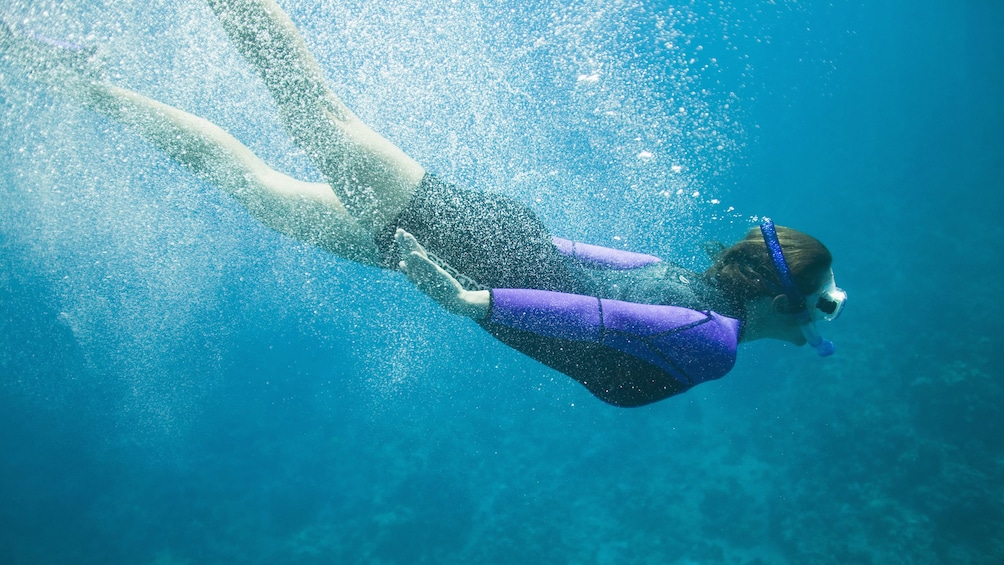 A snorkeler diving into the water in Mahmaya