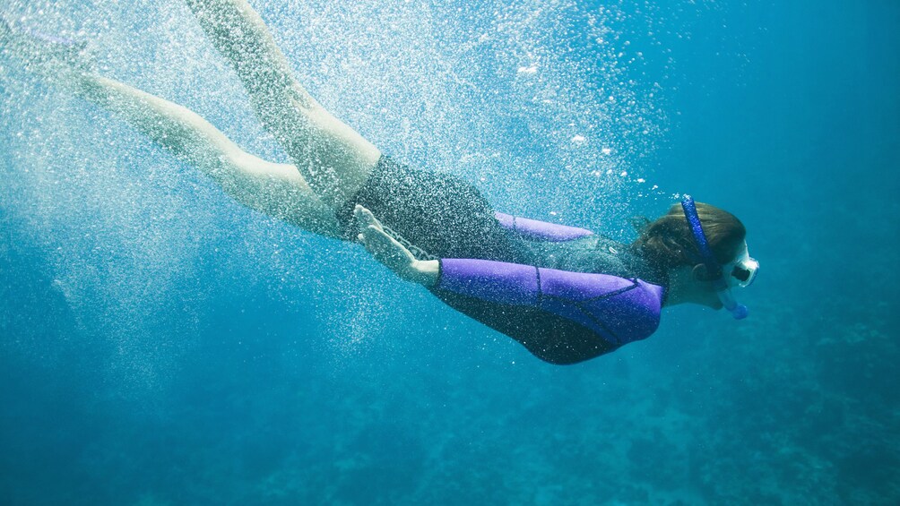 A snorkeler diving into the water in Mahmaya