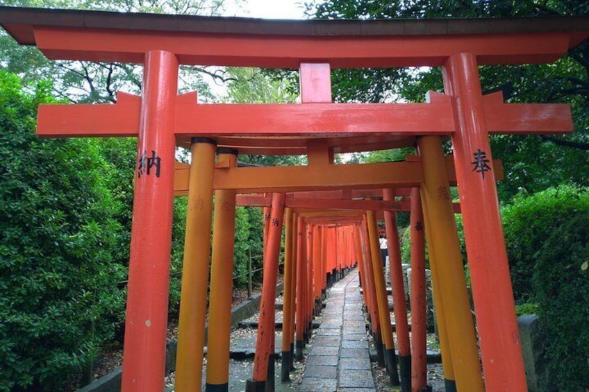Red Trii gates lined up at Nezu Shrine