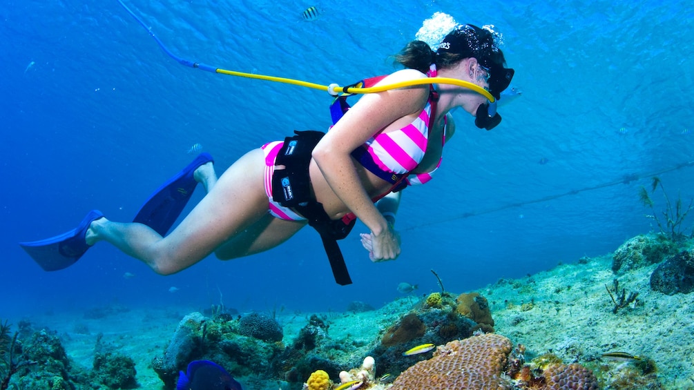 Woman wearing snuba equipment underwater in Cozumel