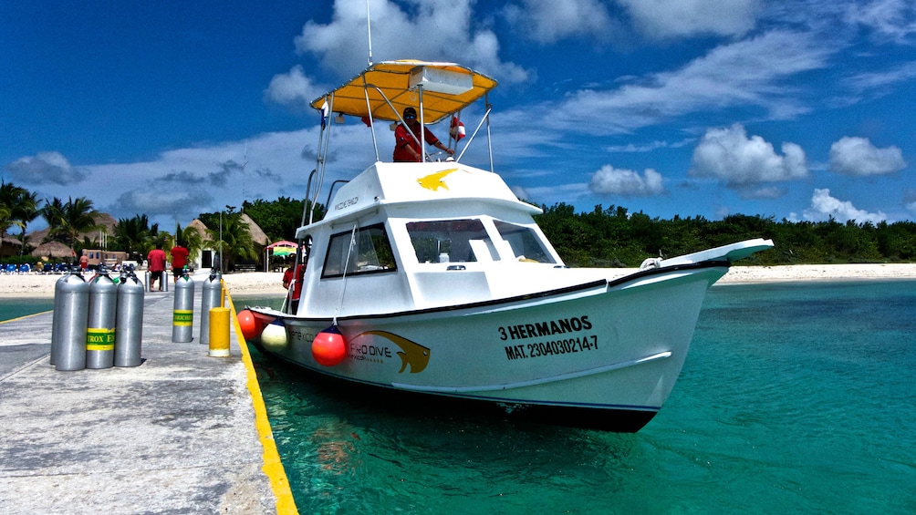 Scuba diving boat at the dock in Riviera Maya