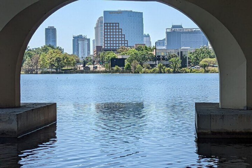 One of the best views of Orlando as we pass under the bridge to the second lake.