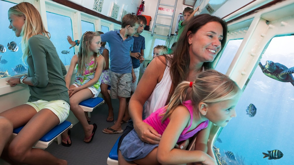 Families enjoying view from underwater windows