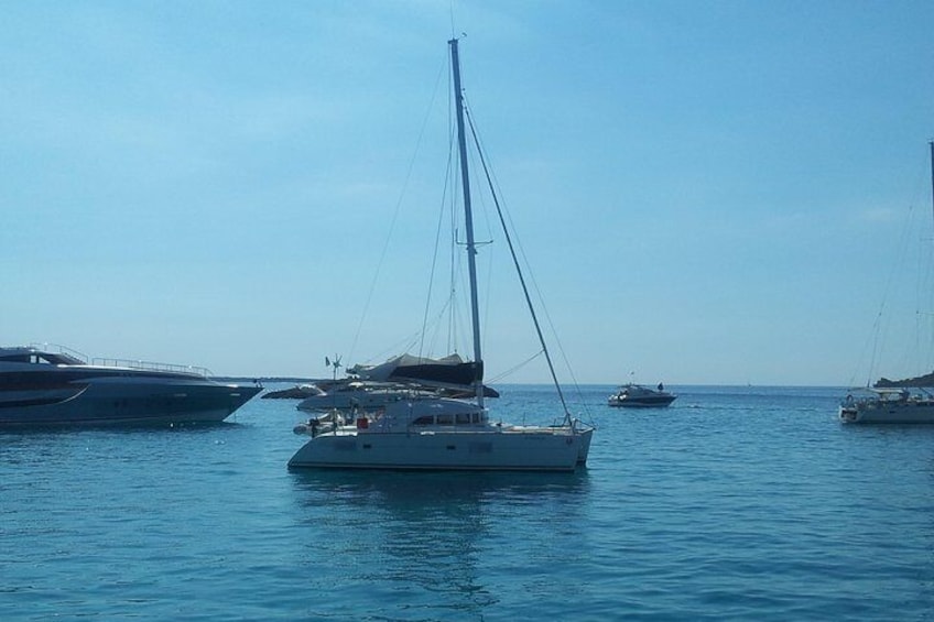 Our catamaran anchored in Formentera