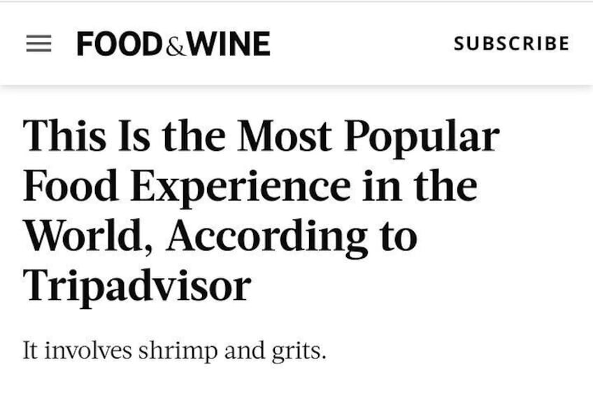 Undiscovered Charleston was named the NUMBER ONE FOOD EXPERIENCE IN THE WORLD!!!