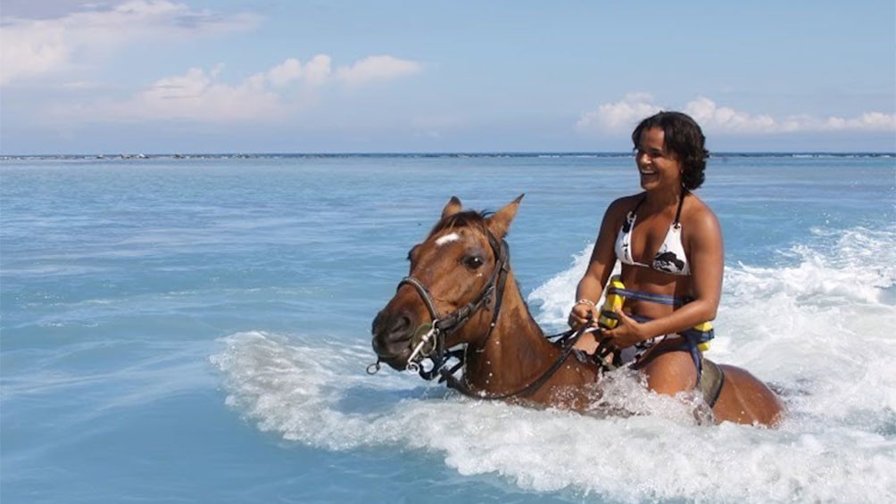 woman horse back swimming in the Caribbean sea in jamaica 