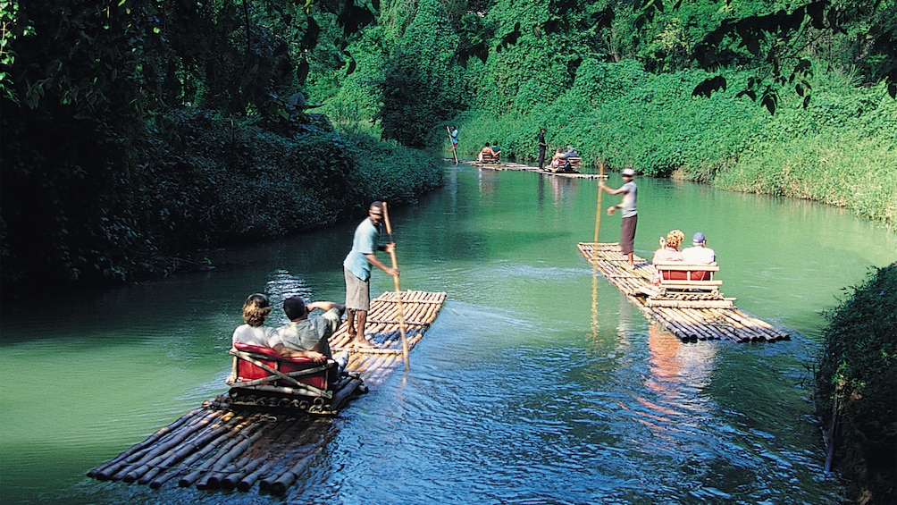 Group of people on bamboo rafting tour in Jamaica 