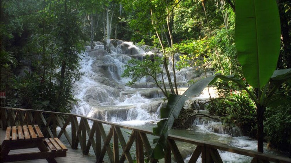 View of rocky waterfall from patio in Jamaica 