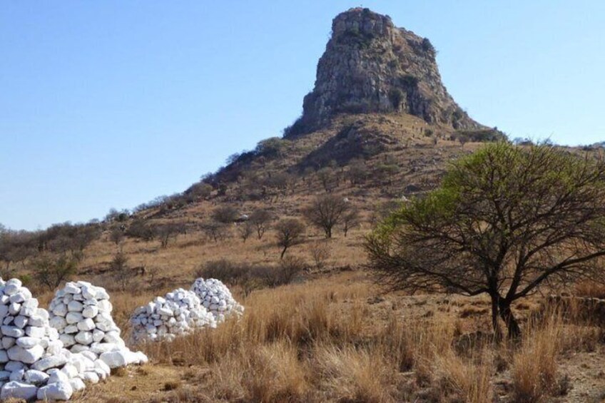 White stones representing dead bones found on this site.