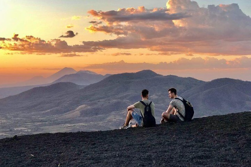 sunset on the top of the Cerro Negro volcano