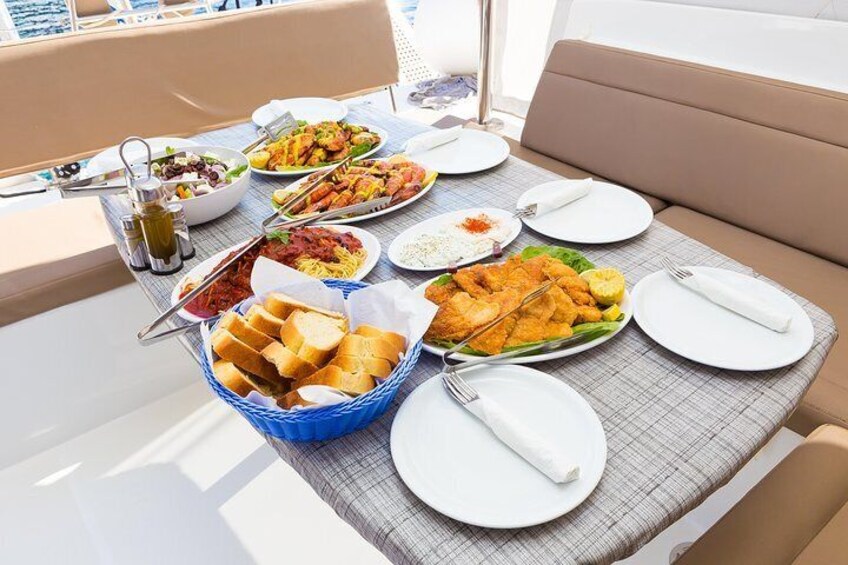 BBQ on board with shrimps, chicken and fish