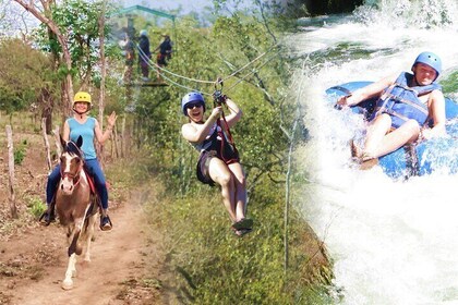 Journée complète de tyroliennes, d'équitation et de descente en bouée fluvi...